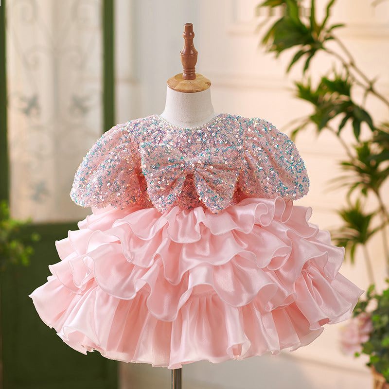 Vestido Infantil Rosa Brilhante Camadas