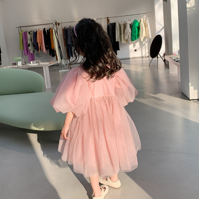 Vestido Infantil Rosa Tule Brilhante