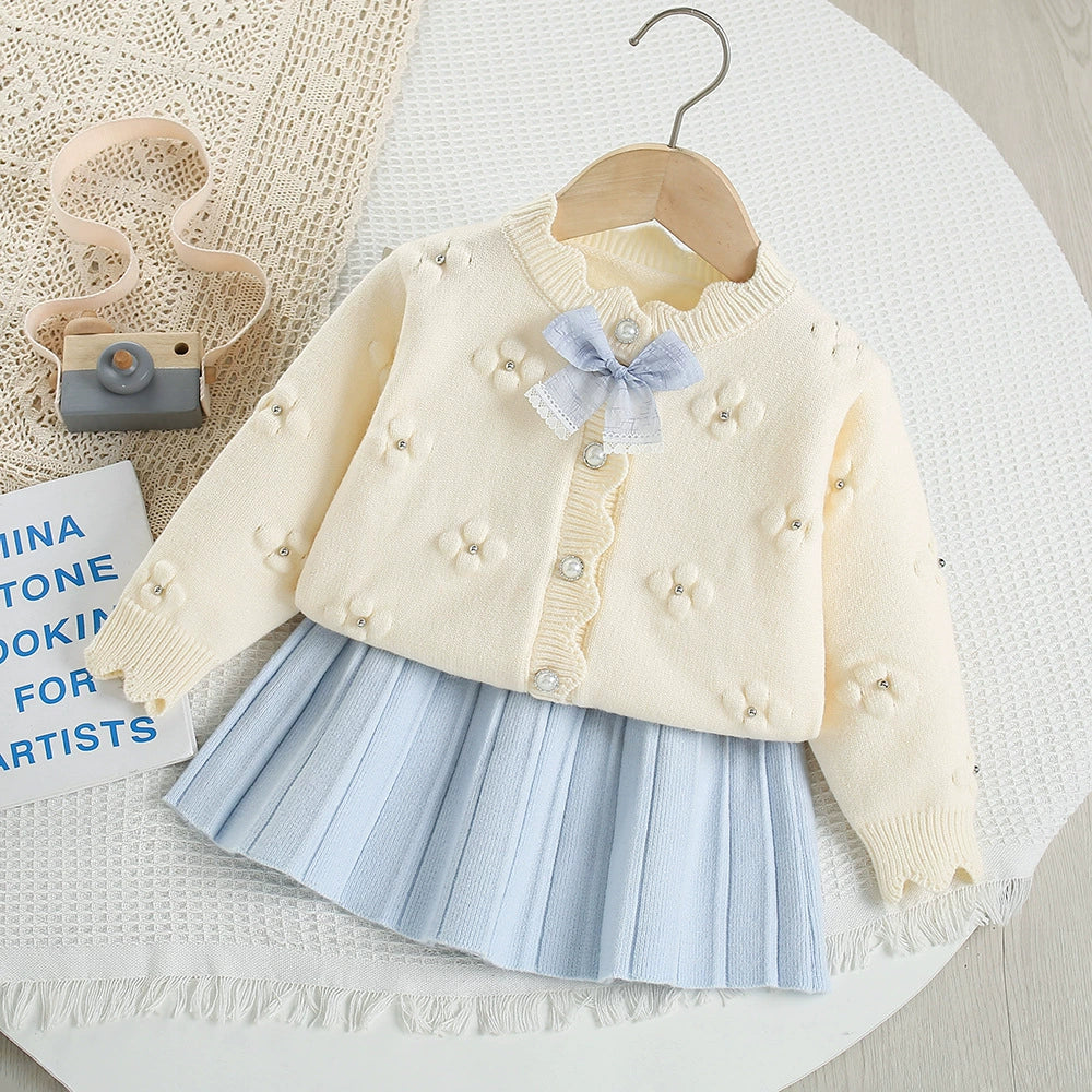 Conjunto Infantil Tricô Florzinhas e Laço