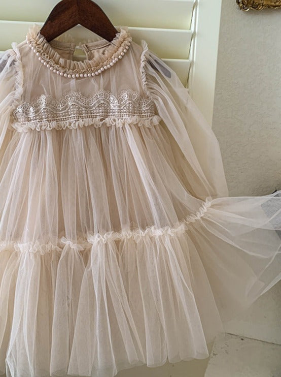 Vestido Infantil Tule Renda e Pérolas