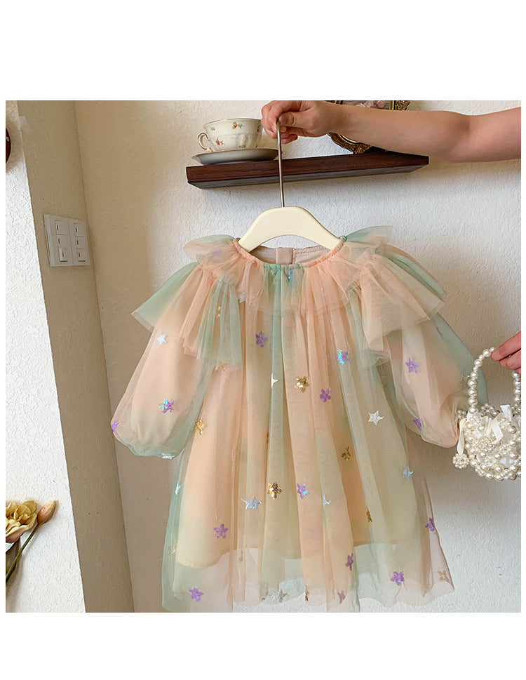 Vestido Infantil Tule Estrelinhas Brilhante