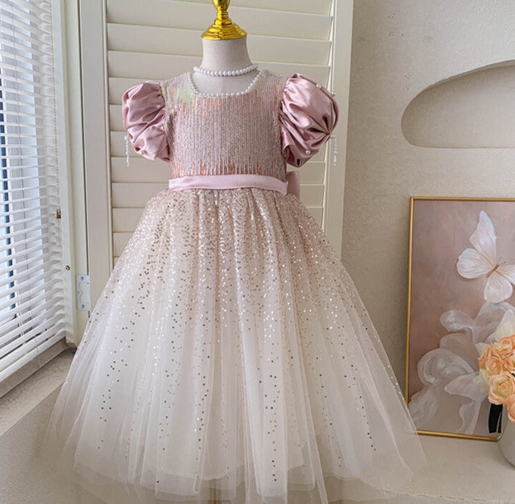 Vestido Infantil Brilhante Pérolas Lacinho