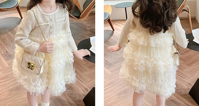 Vestido Infantil Tweed e Camadas De Tule