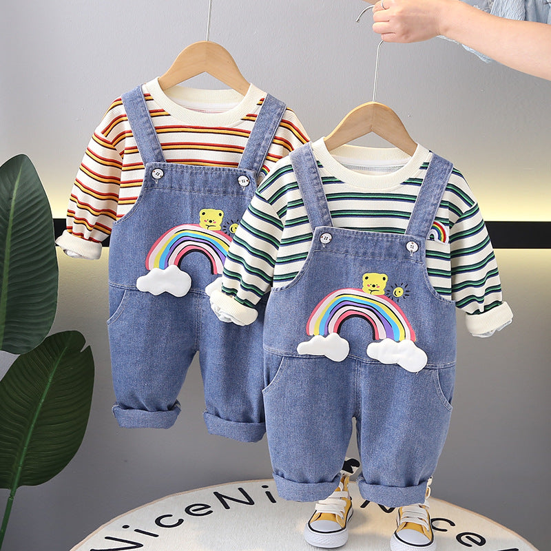 Conjunto Infantil Jardineira Arco íris Jeans e Lístras