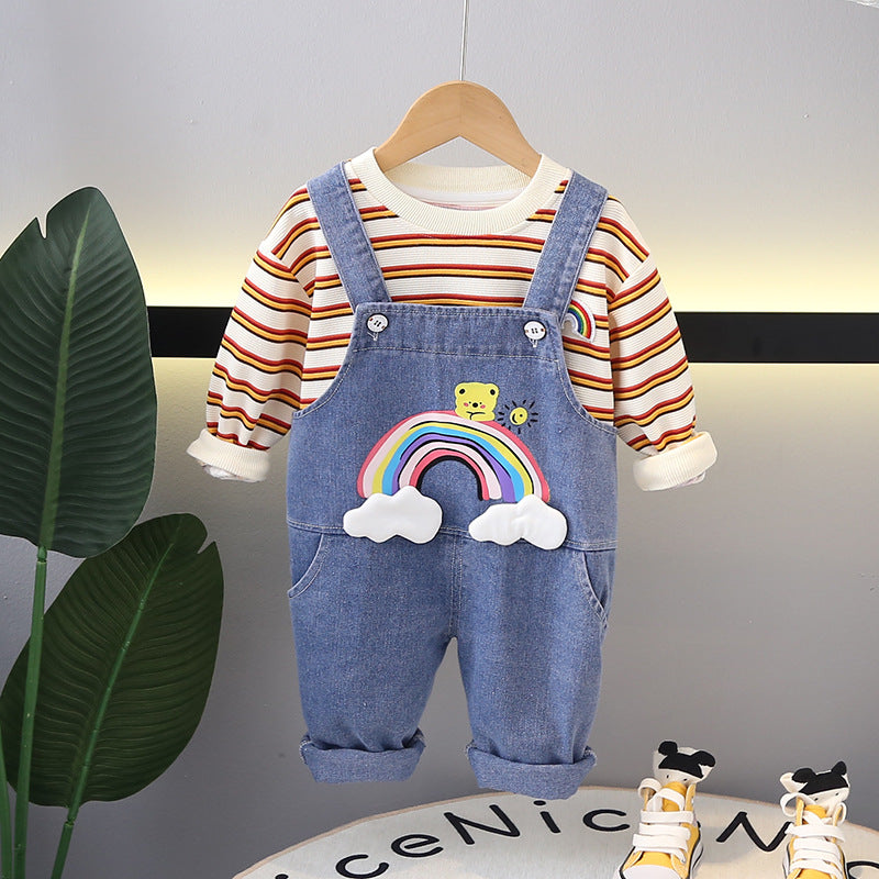 Conjunto Infantil Jardineira Arco íris Jeans e Lístras