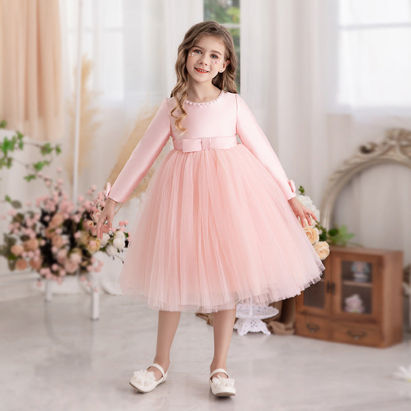 Vestido Infantil Manga Longa Lacinho e Pérolas