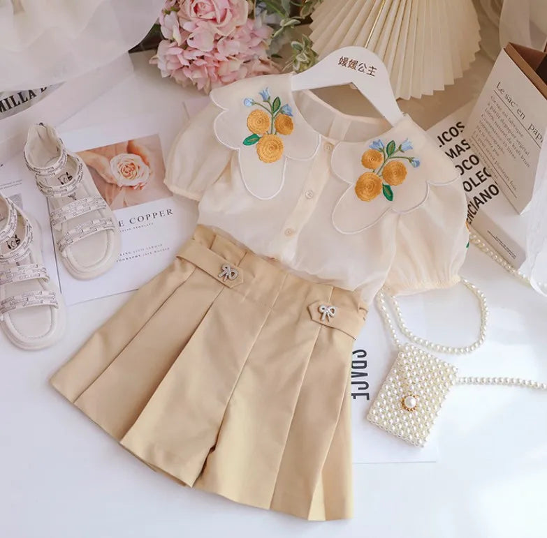 Conjunto Infantil Feminino Golinha Flor e Saia Laçinho