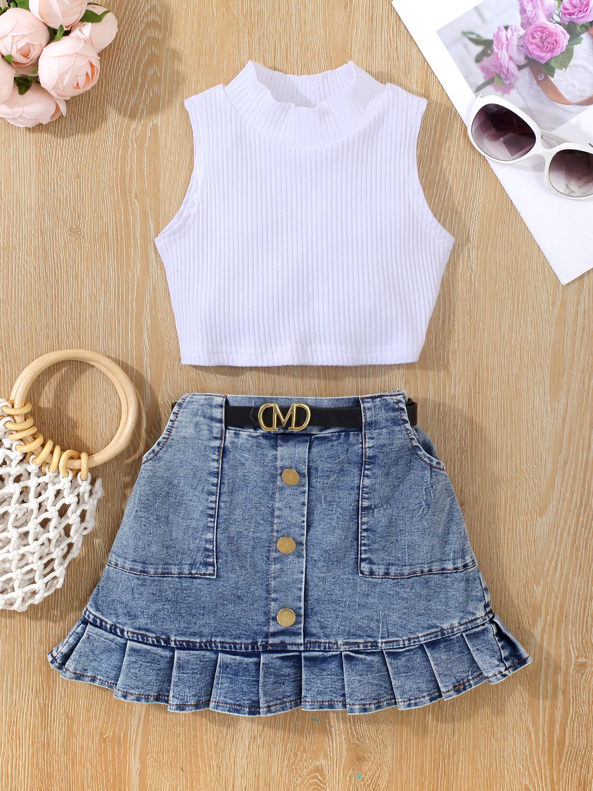 Conjunto Infantil Regatinha e Saia Jeans + Cinto