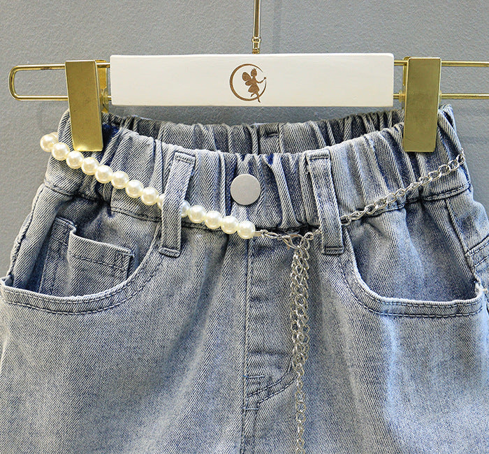 Conjunto Infantil Feminino Branco e Jeans Rendinha