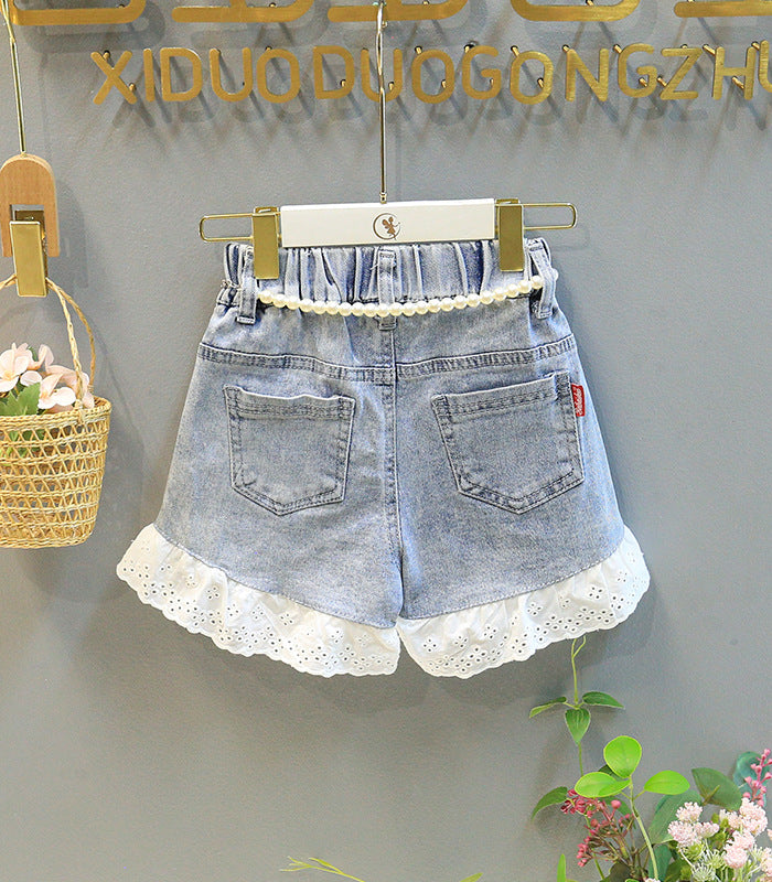 Conjunto Infantil Feminino Branco e Jeans Rendinha