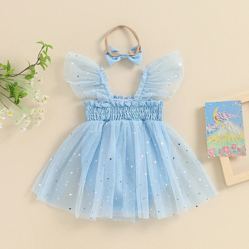 Vestido Infantil Tule Estrelinhas Brilhante + Lacinho