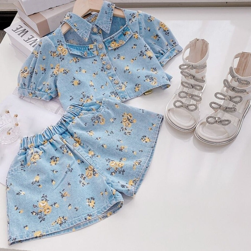 Conjunto Infantil Feminino Jeans Florzinhas