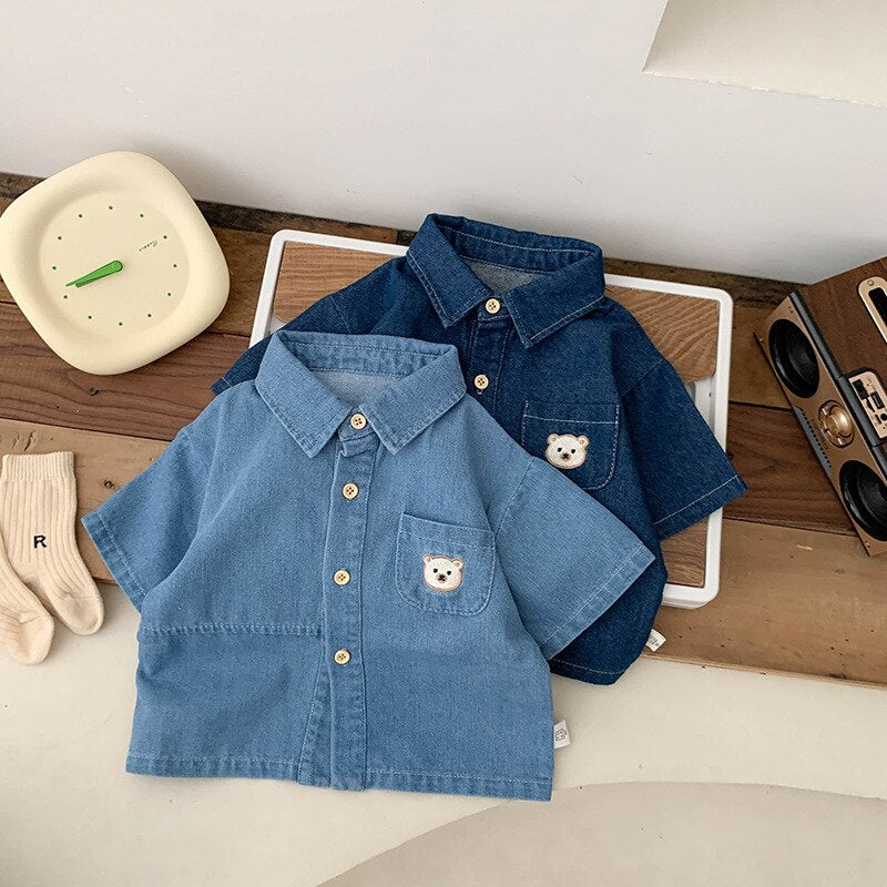 Camisa Infantil Jeans Bolso Ursinho