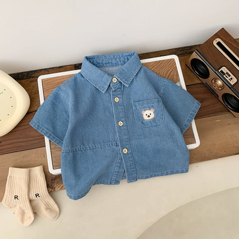 Camisa Infantil Jeans Bolso Ursinho