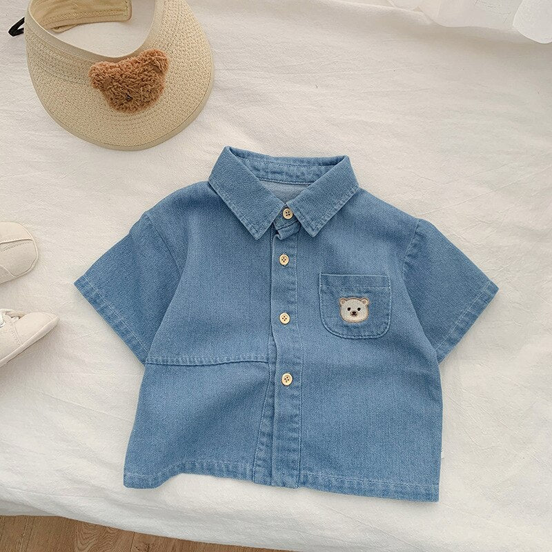 Camisa Infantil Jeans Bolso Ursinho