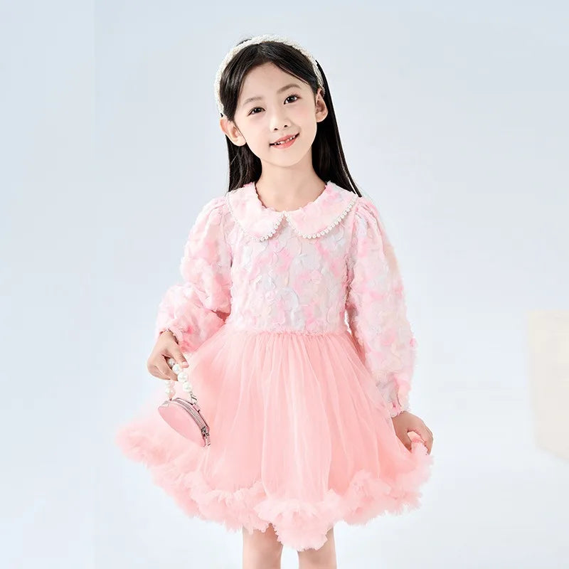 Vestido Infantil Tule Floral Golinha Pérolas