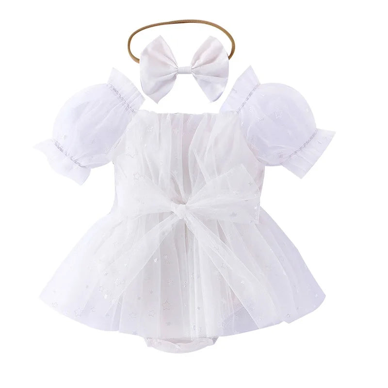 Vestido Infantil Tule Estrelinhas e Laço