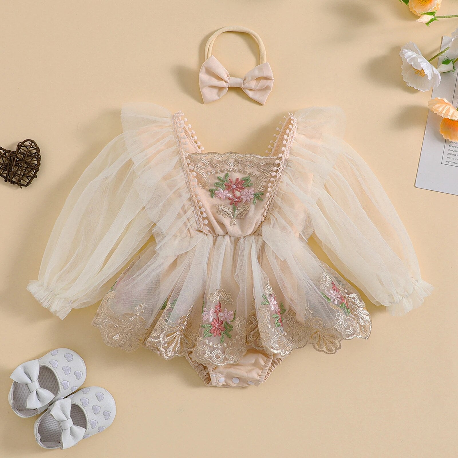 Body Infantil Bordado Floral Tule