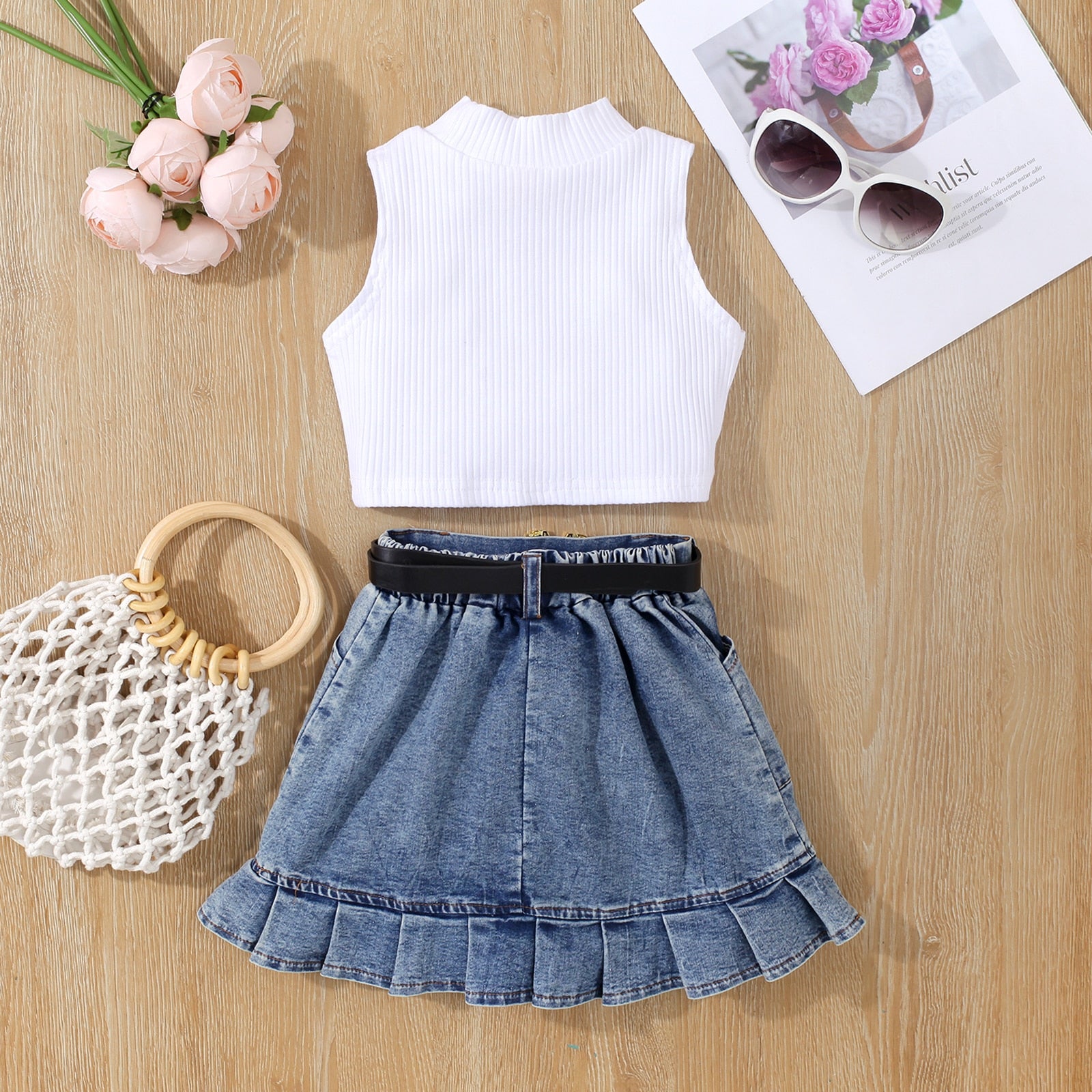 Conjunto Infantil Regatinha e Saia Jeans + Cinto