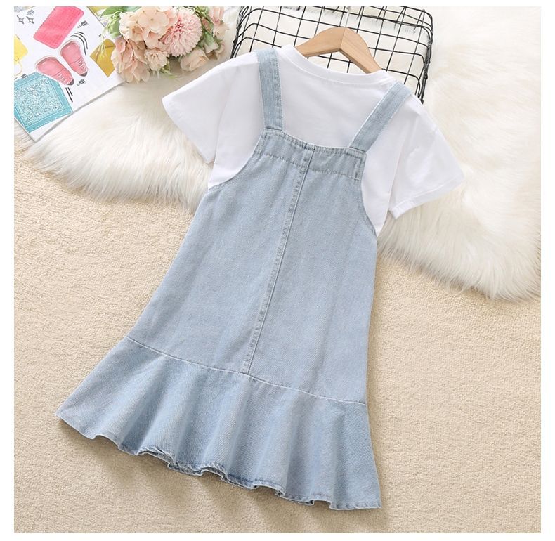 Conjunto Infantil Feminino Vestido + Jardiniera Jeans