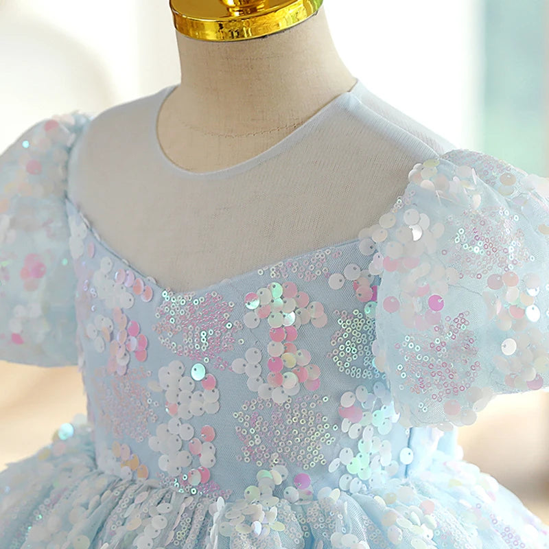 Vestido De Festa Infantil Azul Lantejoulas