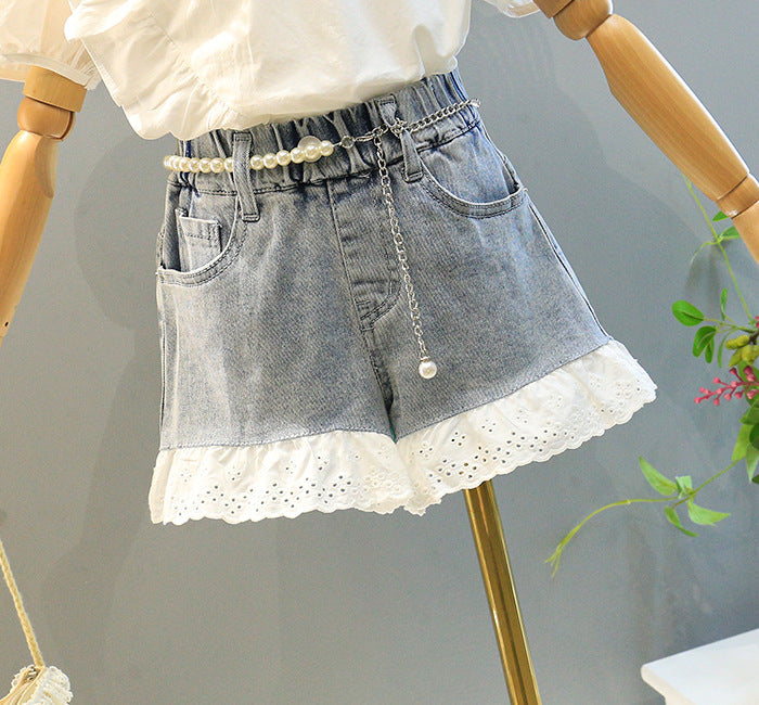 Conjunto Infantil Feminino Branco e Jeans Rendinha