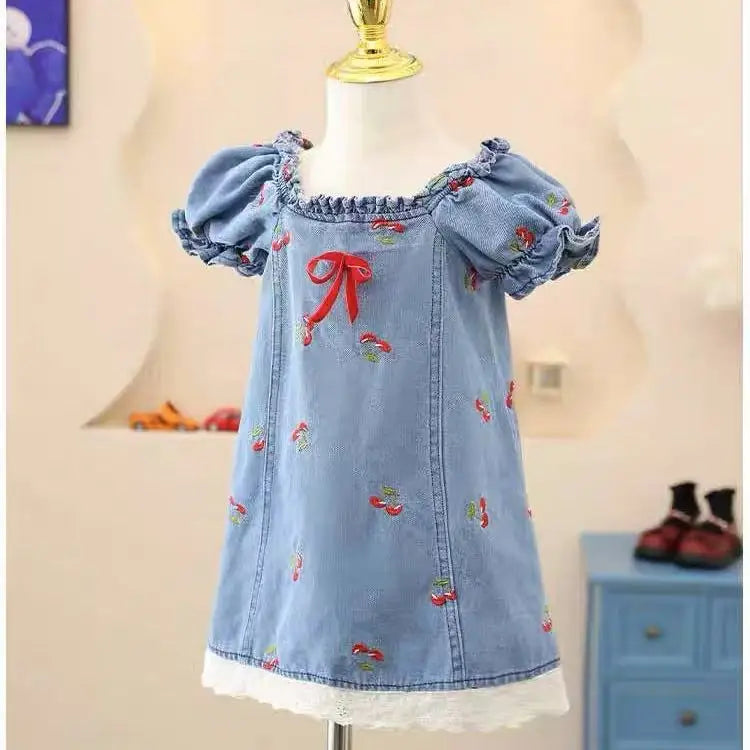 Vestido Infantil Jeans Bordado Cerejinha