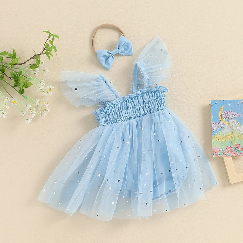 Vestido Infantil Tule Estrelinhas Brilhante + Lacinho