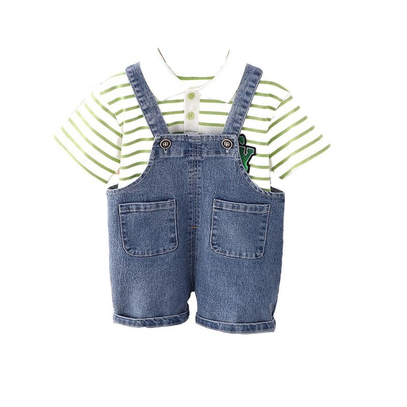 Conjunto Infantil Masculino Polo Lístras e Jardineira Jeans