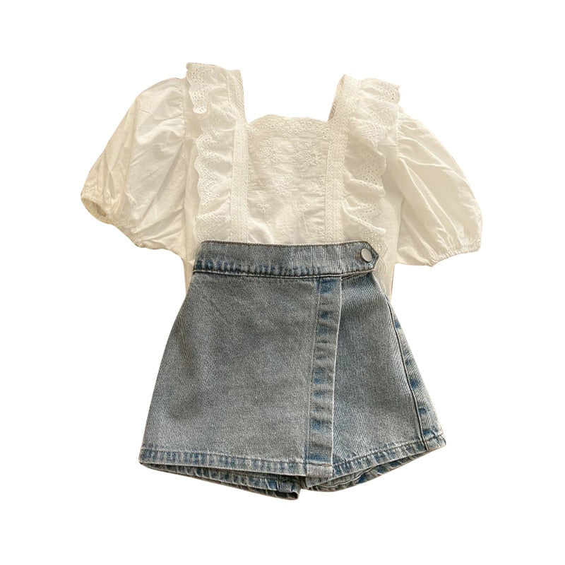 Conjunto Infantil Feminino Blusinha Renda e Sainha