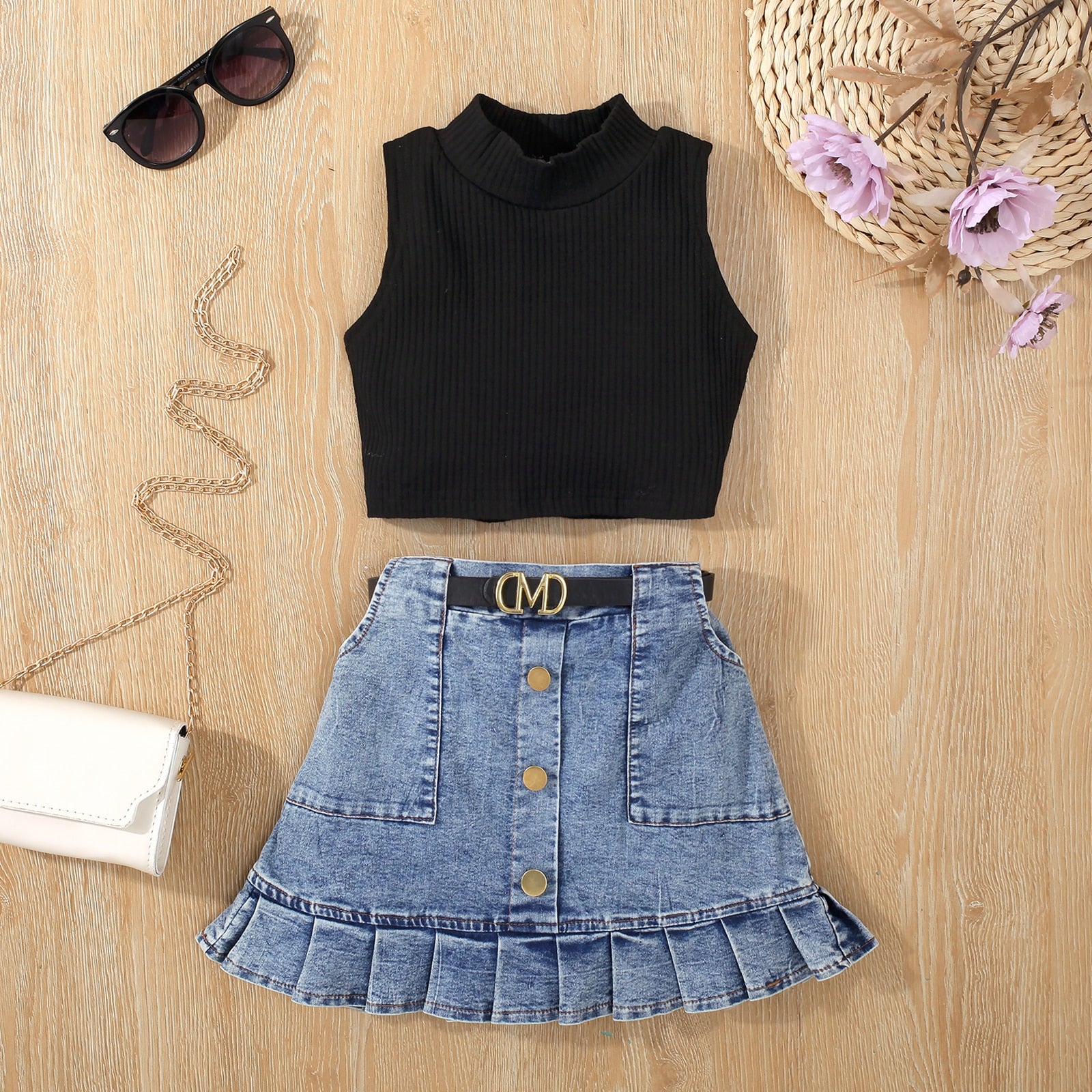 Conjunto Infantil Regatinha e Saia Jeans + Cinto