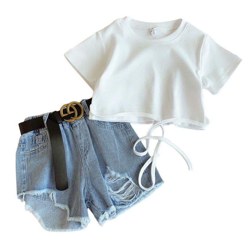 Conjunto Infantil Feminino Cropped Amarração e Jeans