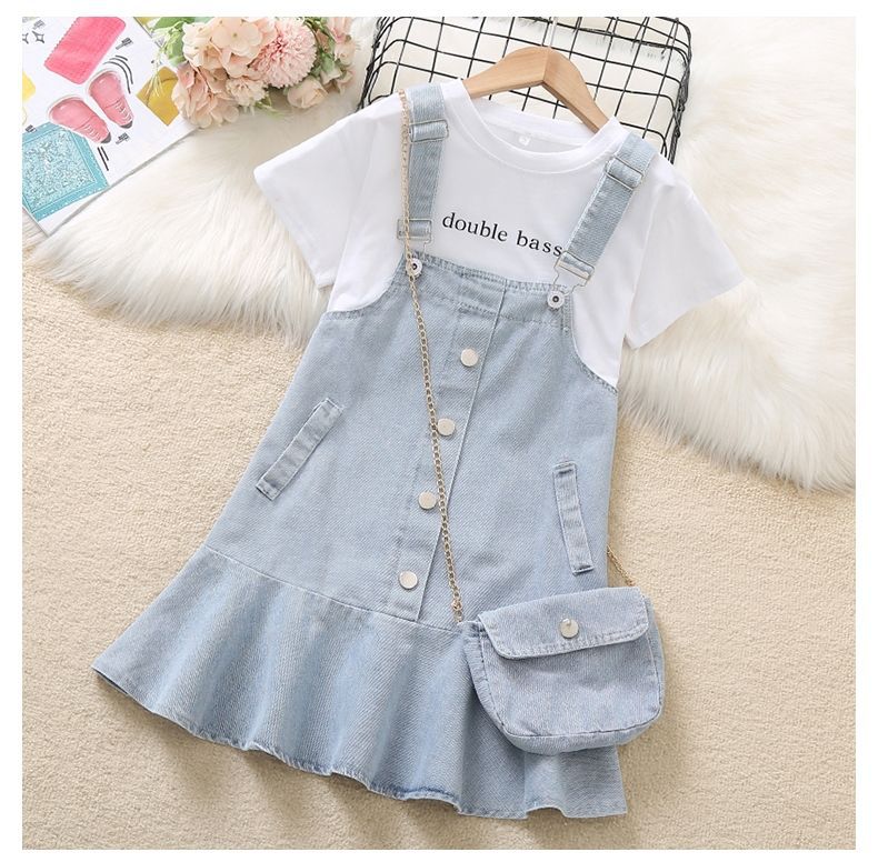 Conjunto Infantil Feminino Vestido + Jardiniera Jeans