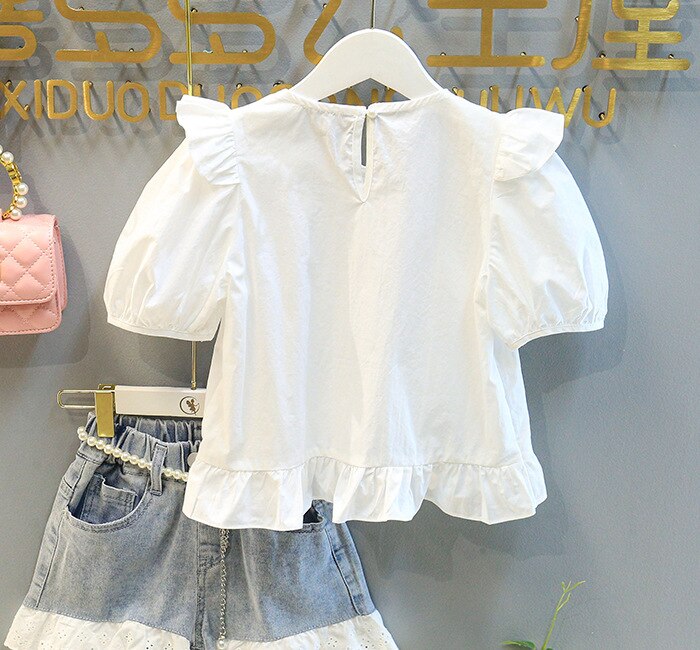 Conjunto Infantil Feminino Branco e Jeans Rendinha