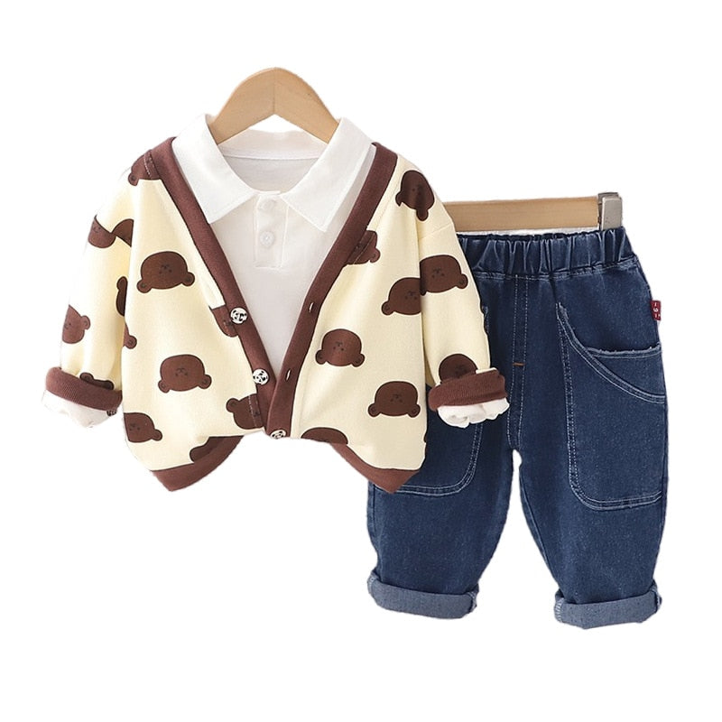 Conjunto Infantil Masculino Ursinho e Jeans 3 Peças