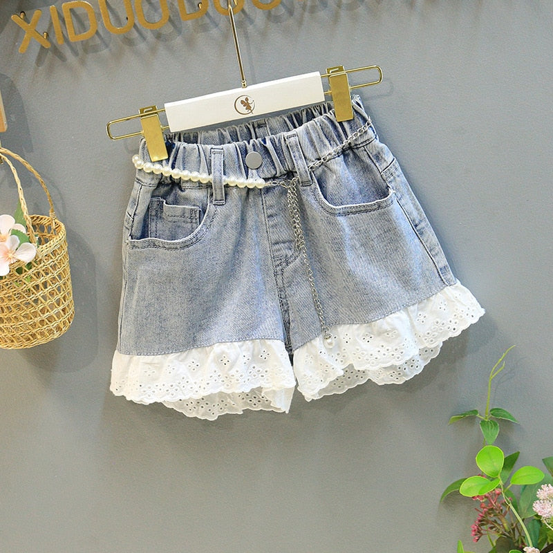 Conjunto Infantil Feminino Branco e Jeans Rendinha