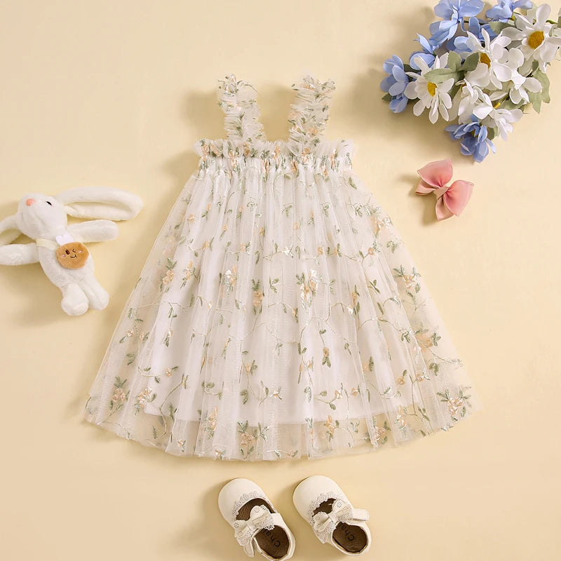 Vestido Infantil Tule Bordado Florzinhas