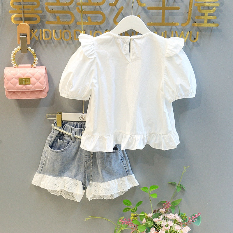 Conjunto Infantil Feminino Branco e Jeans Rendinha