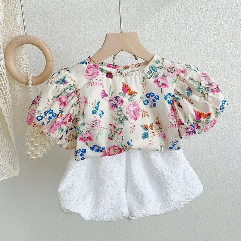 Conjunto Infantil Feminino Floral e Branco