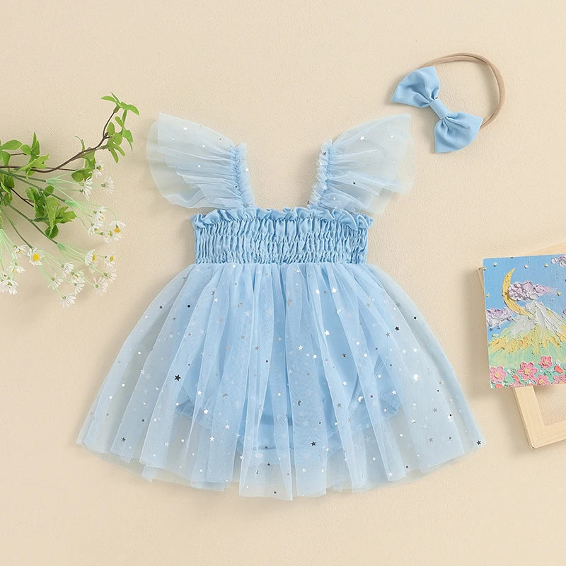 Vestido Infantil Tule Estrelinhas Brilhante + Lacinho