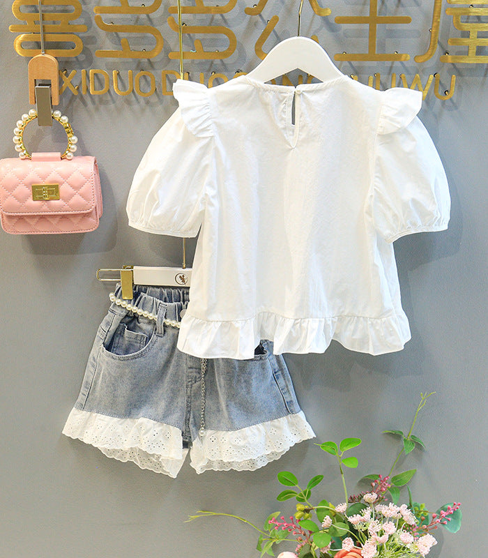 Conjunto Infantil Feminino Branco e Jeans Rendinha