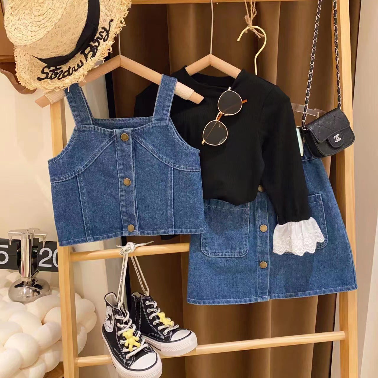 Conjunto Infantil  Feminino Jeans Botões