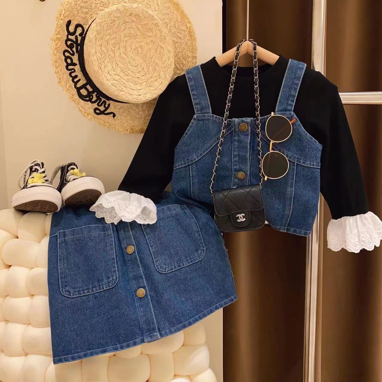 Conjunto Infantil  Feminino Jeans Botões