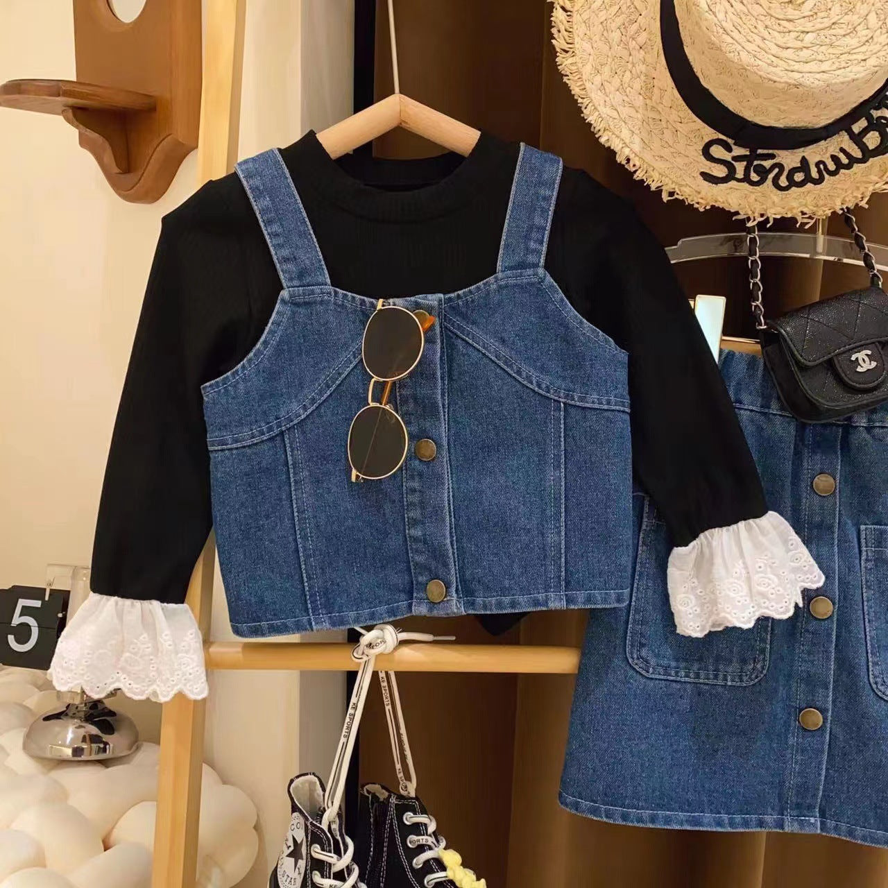 Conjunto Infantil  Feminino Jeans Botões