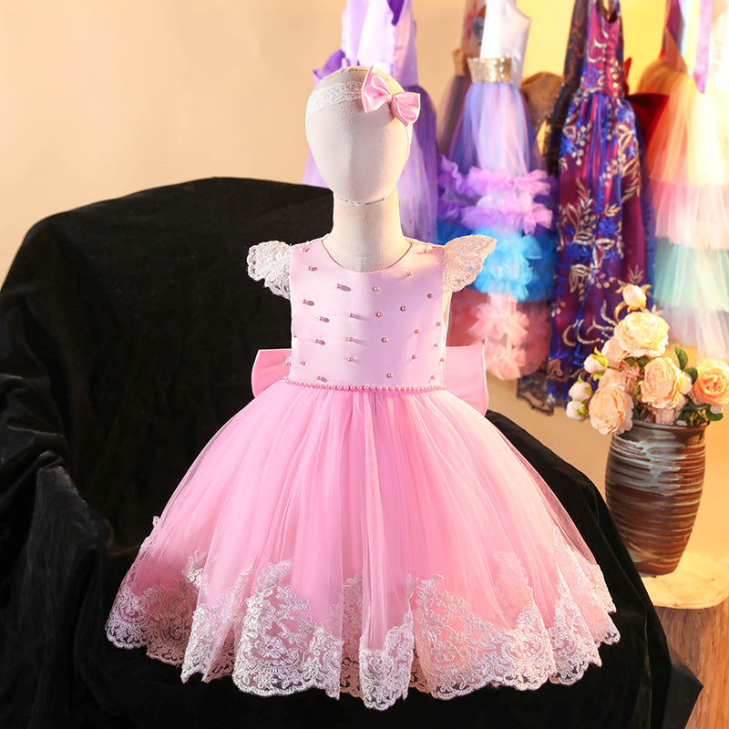 Vestido Infantil De Festa Rosa Rendinha + Laçinho