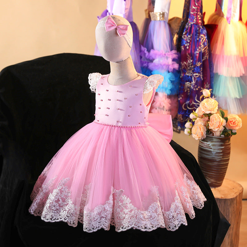 Vestido Infantil De Festa Rosa Rendinha + Laçinho