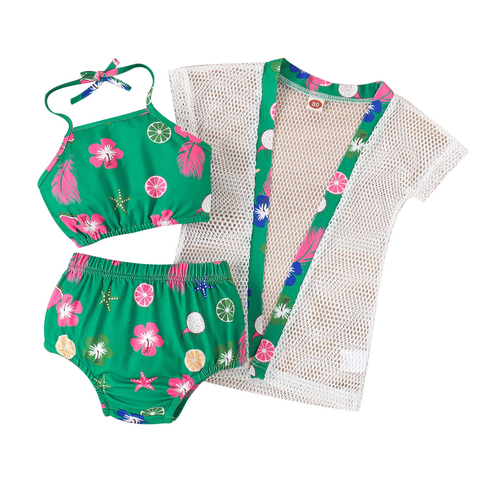 Conjunto Infantil  Biquiní + Saida de Praia Verde Florzinhas