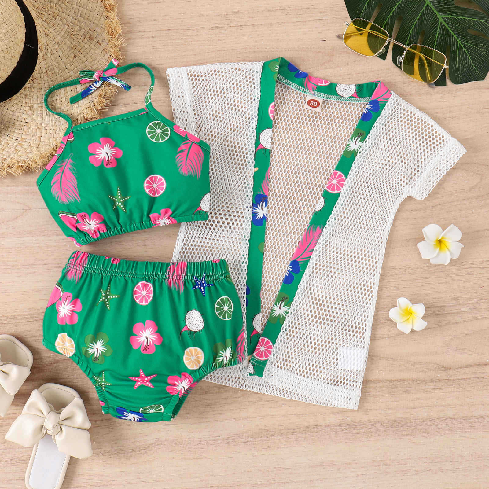 Conjunto Infantil  Biquiní + Saida de Praia Verde Florzinhas