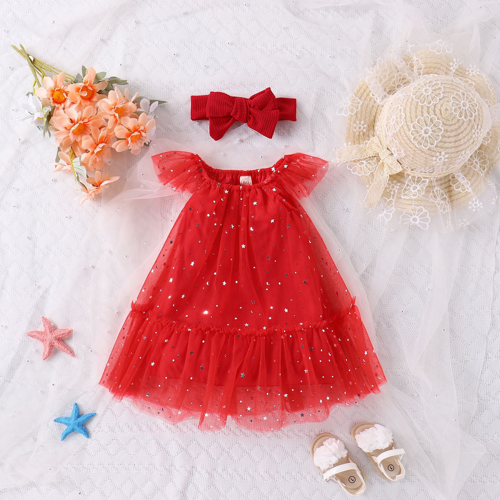 Vestido Infantil Tule Estrelinhas + Laçinho