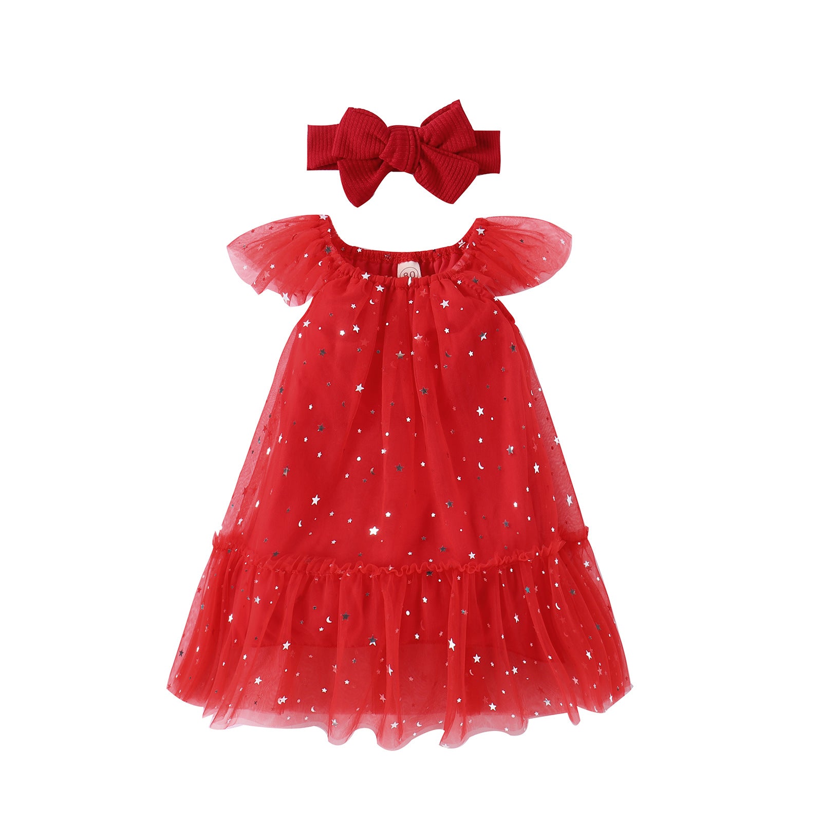 Vestido Infantil Tule Estrelinhas + Laçinho